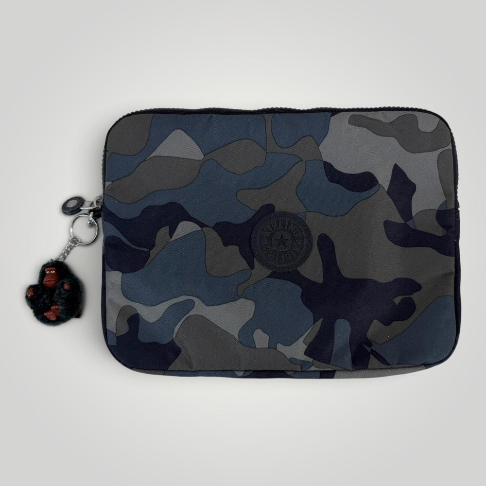 Kipling Tablet Sleeve Blue Camo Nylon Pouch Monkey Keychain K11252-4LT